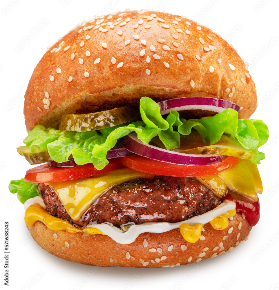 Appetizing cheeseburger close up on white background.  Clipping path.