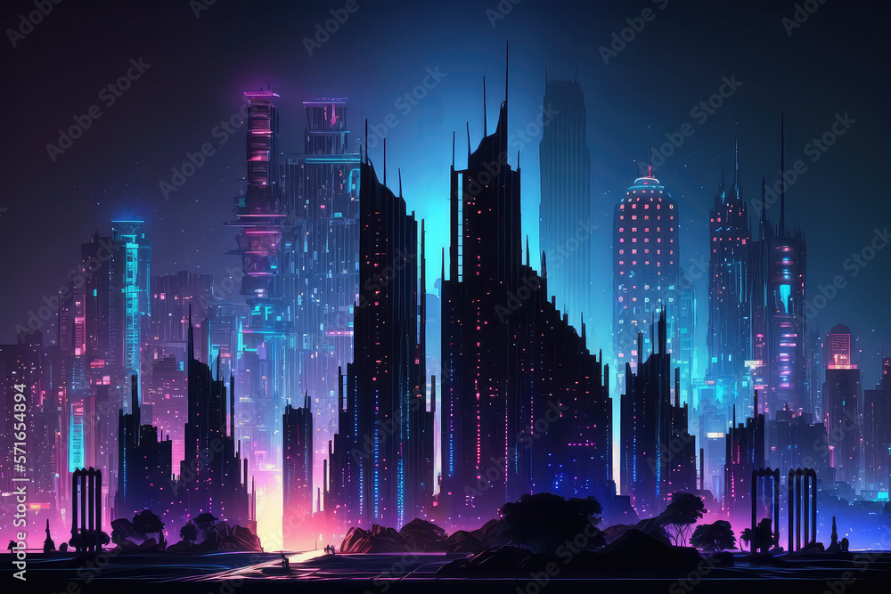 Digital painting of neon mega city with light reflection from puddles on street heading toward build