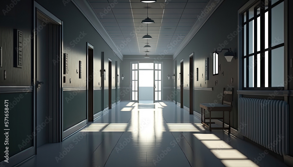 Hospital corridor floor with rooms background, empty space scene, clinic interior tunnel background,