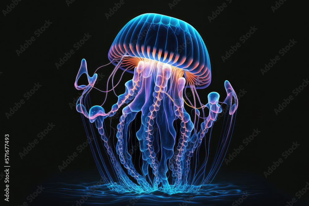 Neon jellyfish in the sea deep blue water. Abstract fantasy jellyfish on a dark background. 3D illus