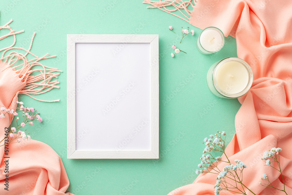 Hello spring concept. Top view photo of white photo frame candles in glass holders gypsophila flower