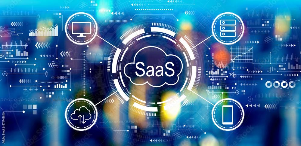 SaaS - software as a service concept with big city lights at night