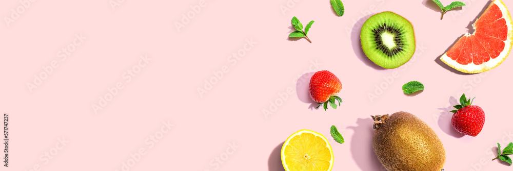 Collection of mixed fruits overhead view flat lay