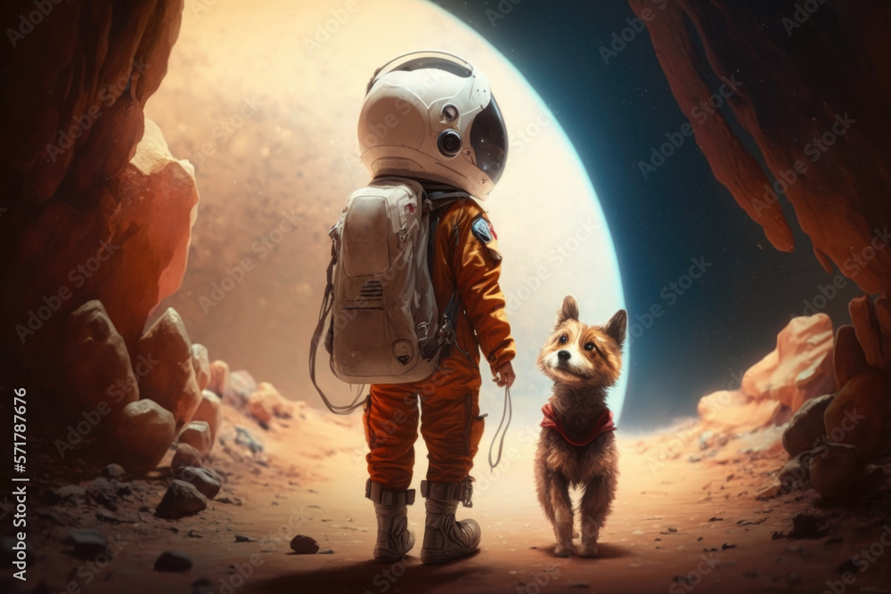 a child in a spacesuit walks a pet. Generative AI