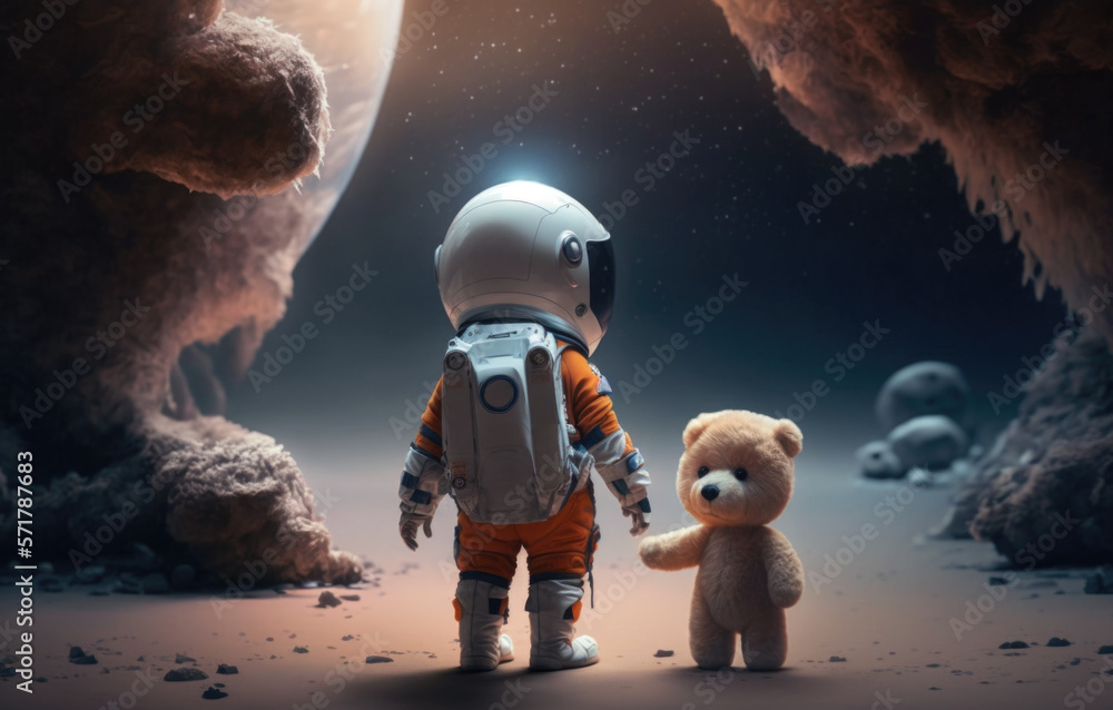 A child in a spacesuit plays with a toy bear. Generative AI