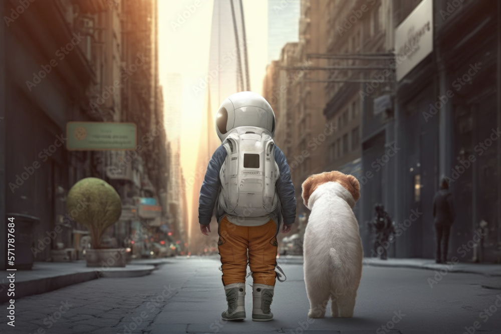 a child in a spacesuit walks a pet. Generative AI