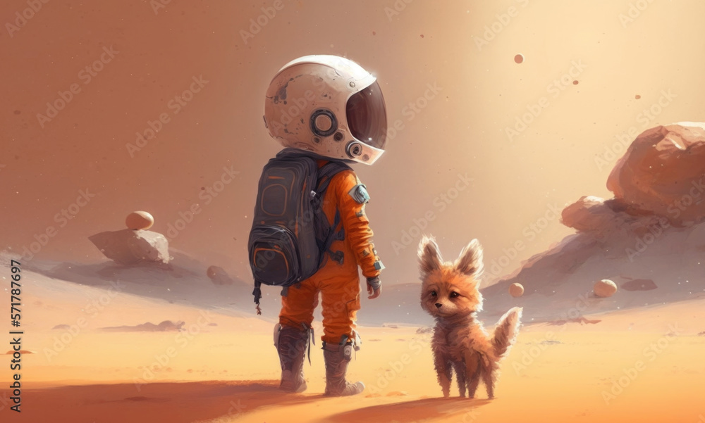 a child in a spacesuit walks a pet. Generative AI