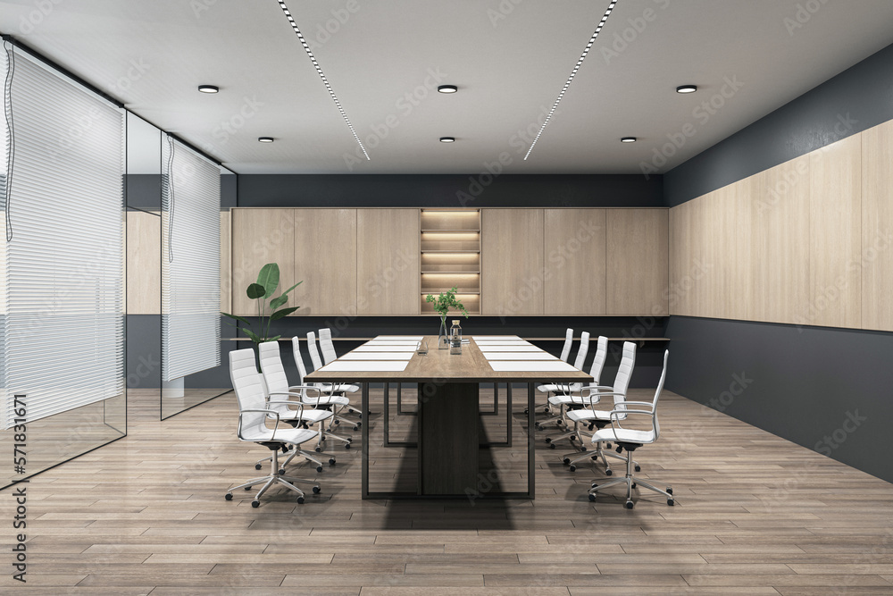 Side view on dark wooden meeting table surrounded by white wheel chairs on parquet floor in spacious