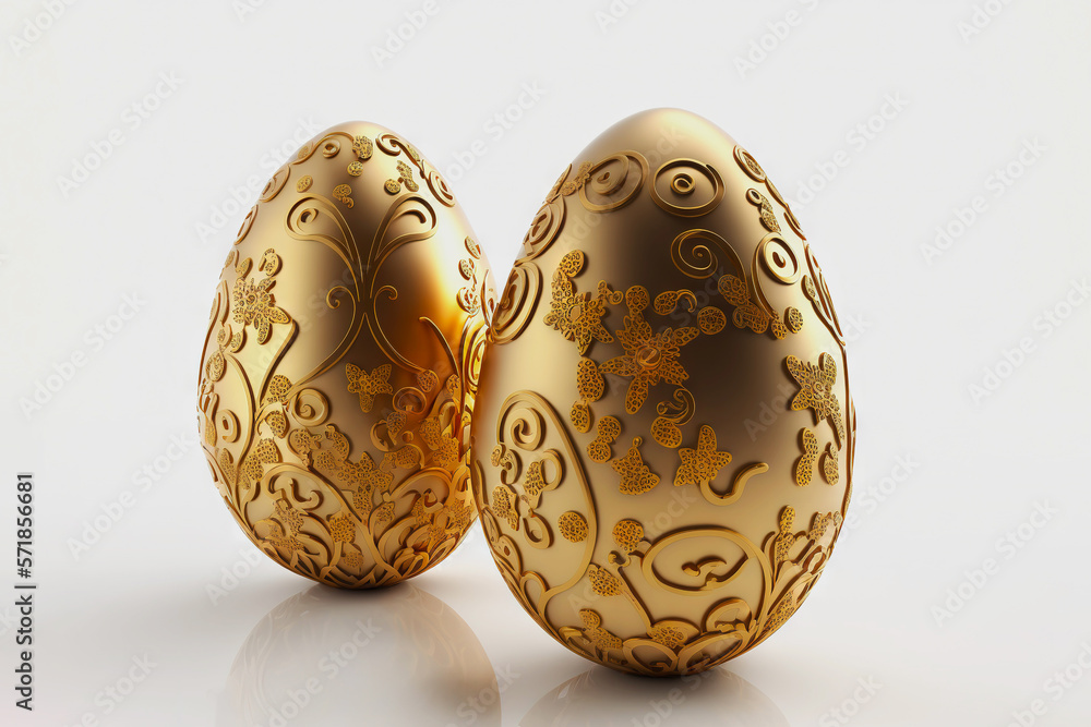 Golden ornate Easter eggs on uniform background. Stylish Easter concept. Generative AI