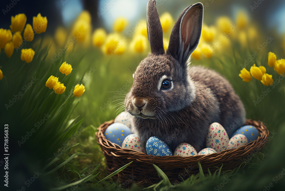 Easter bunny with a basket full of ornate eggs on a green lawn, sunny day. Generative AI