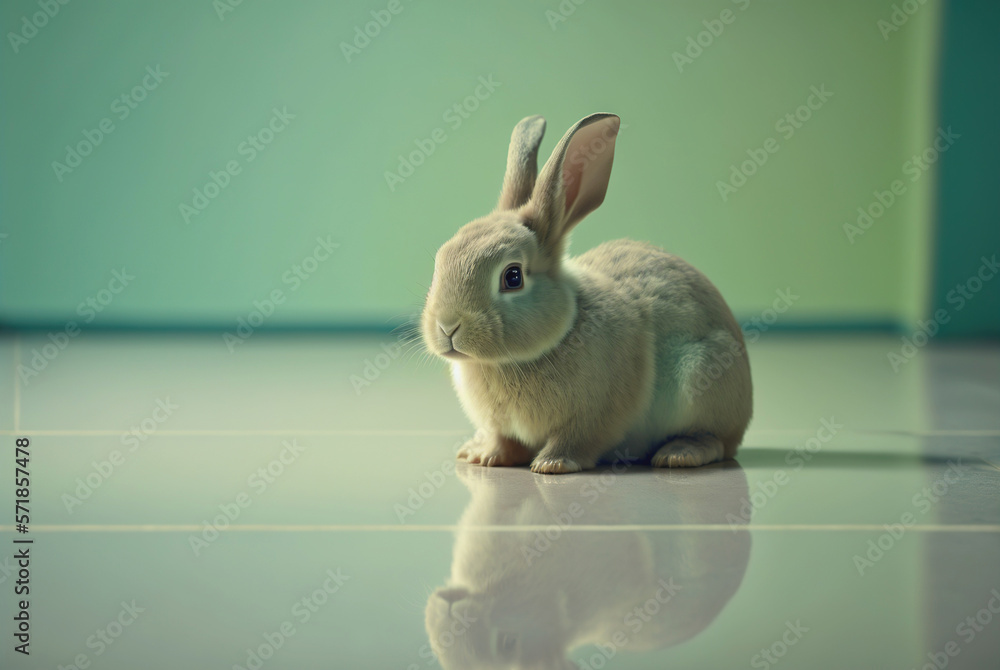 Cute little rabbit sitting on uniform floor background. Generative AI