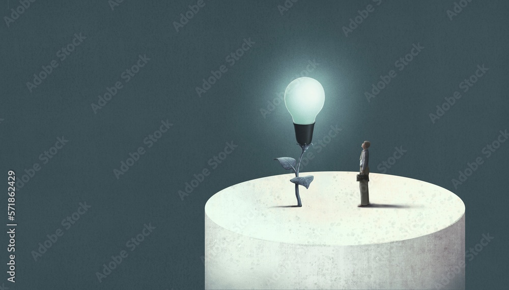 Concept idea of Success and business. Businessman and a lightbulb tree. Conceptual art.