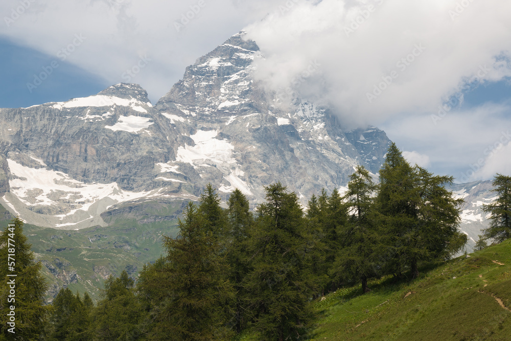 Amazing view of Matterhorn, a famous mount in the italian and swiss alps 