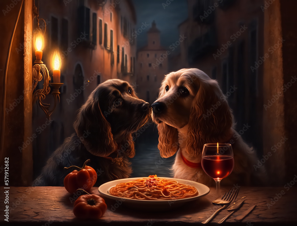 two dog in a dinner party discussing something important created with Generative AI technology