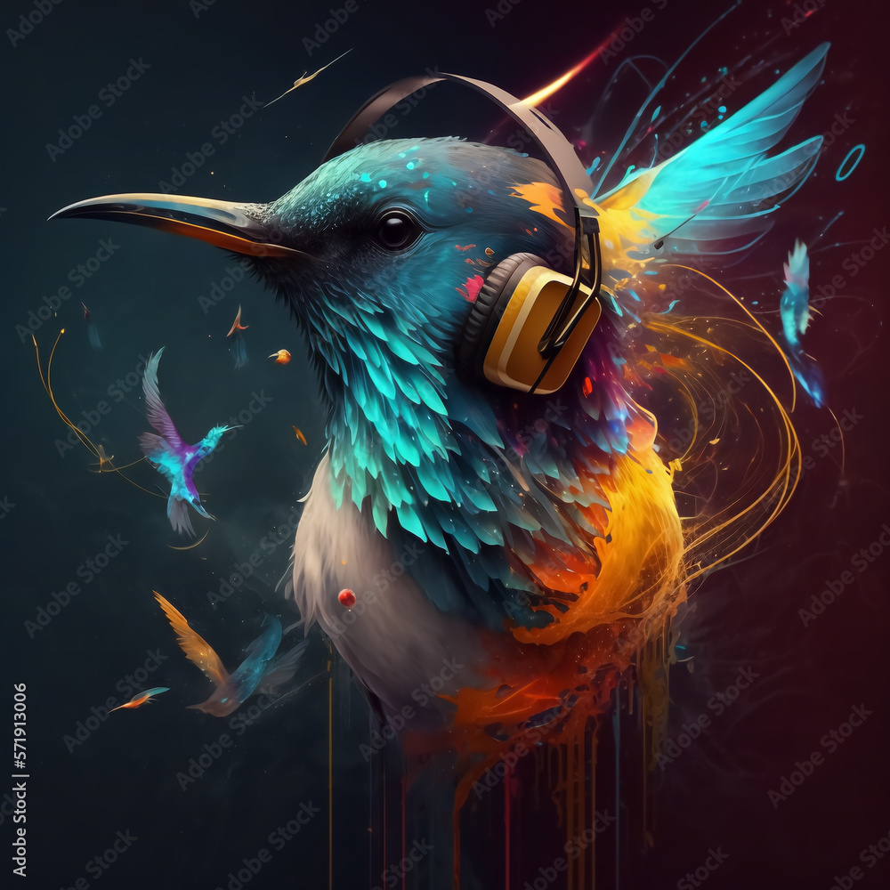 parrot listening to music with headphones on a black background created with Generative AI technolog