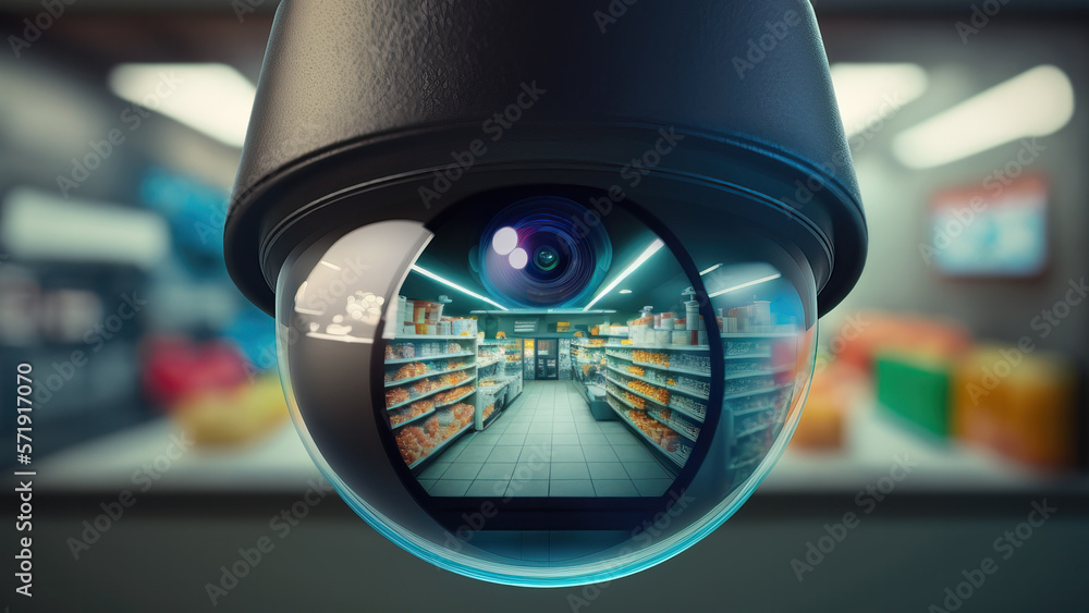 Close-up of a security cameras lens reflecting panorama of convenience store. Generative AI illustr