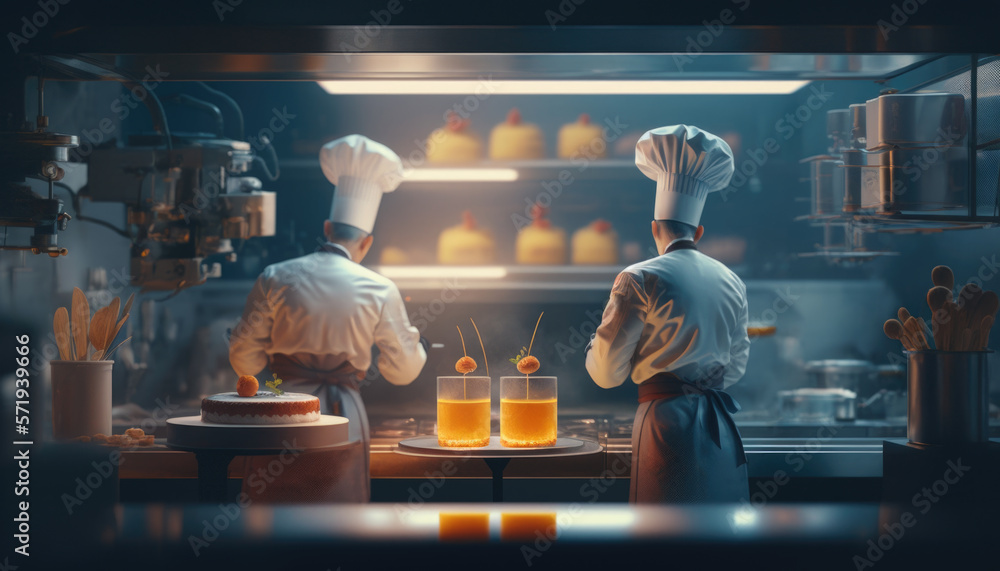 Gourmet chefs in uniform cook in the kitchen. Generative AI