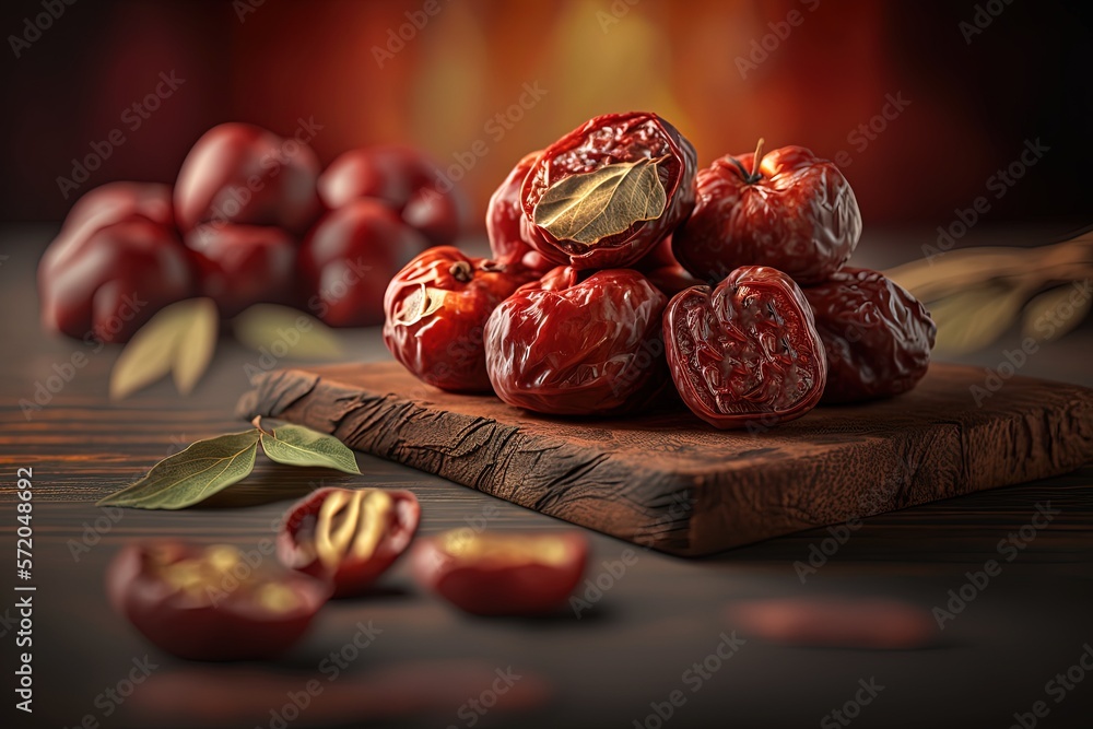 dry ripe red jujube on wooden table, Generative Ai