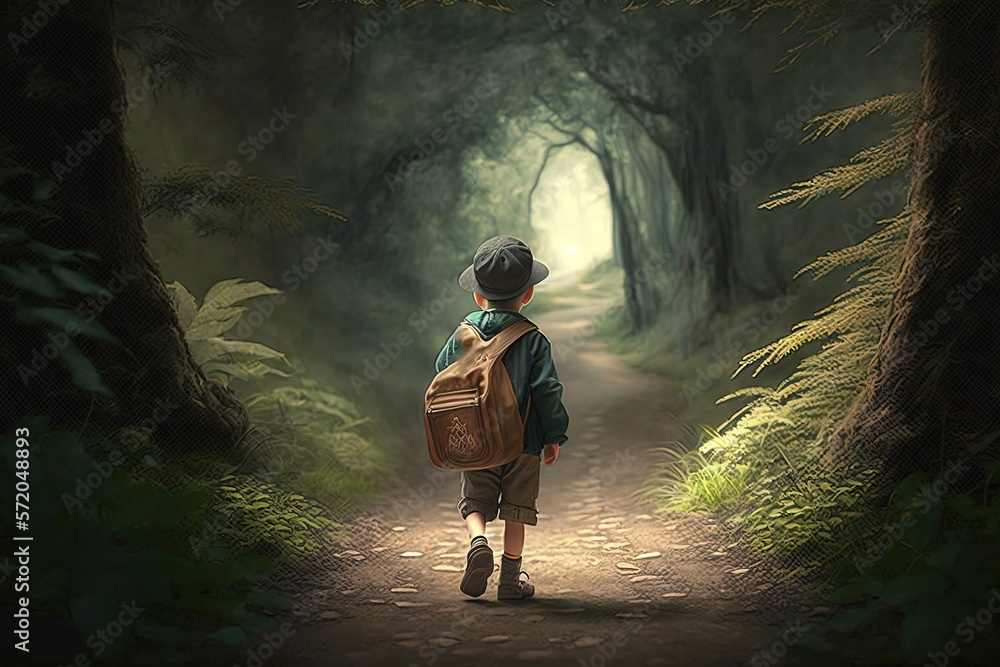 a boy walking on jungle trail alone, Generative Ai