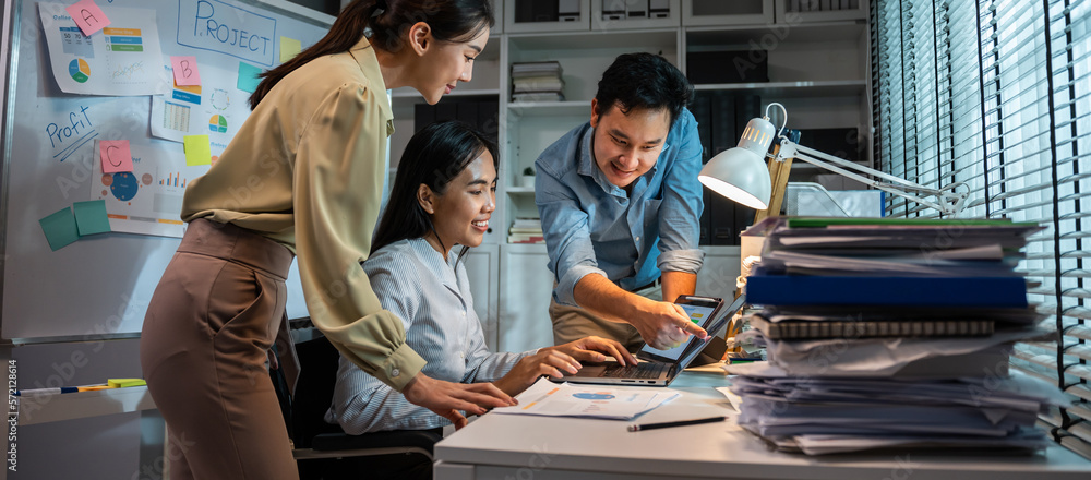 Group of young businessman and woman sit on wheelchair work in office. 