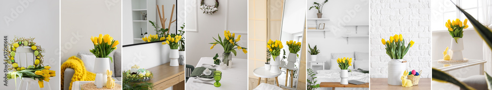 Collage of domestic interiors decorated with Easter wreaths and tulip flowers