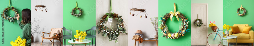 Collection of domestic interiors decorated with Easter wreaths