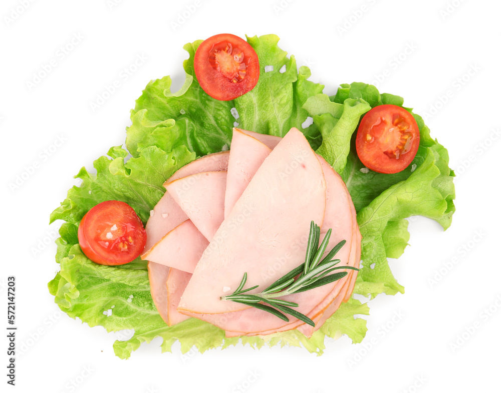 Tasty slices of ham, tomatoes, rosemary and lettuce isolated on white background