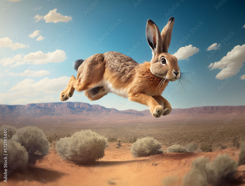 rabbit in sight of desert jumps high enjoying nature, hot Atmosphere and bright Sky in the backgroun