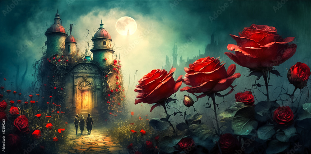 Fantasy landscape with old castle, red roses and moon. Digital painting.