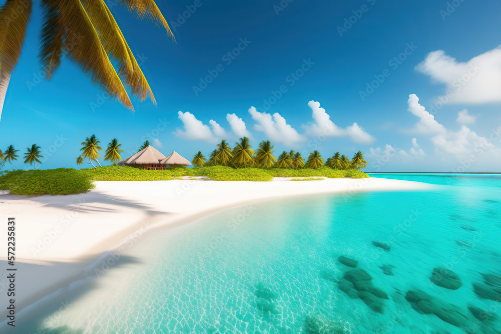 Beautiful seascape tropical beach with white sand, palm tree and bungalow, turquoise water of ocean.