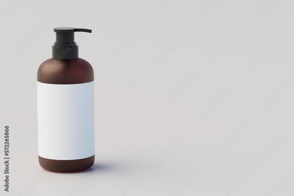 Amber Glass Pump Multiple Bottles Mock-Up, Liquid Soap, Shampoo Dispenser. 3D Illustration