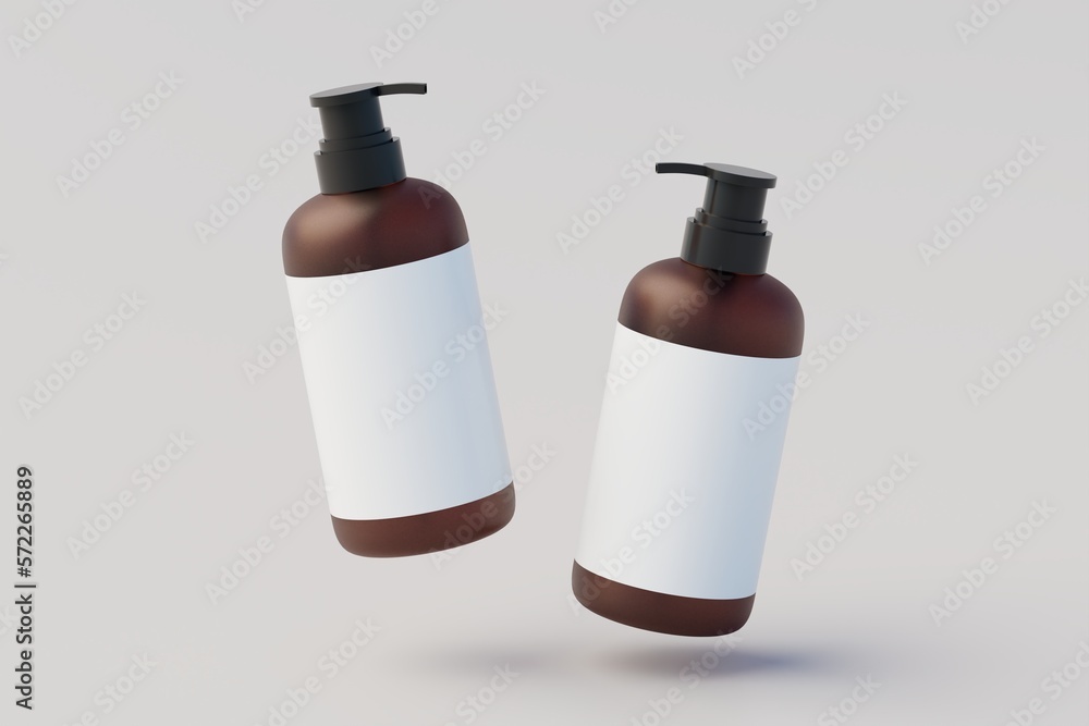 Amber Glass Pump Multiple Bottles Mock-Up, Liquid Soap, Shampoo Dispenser. 3D Illustration