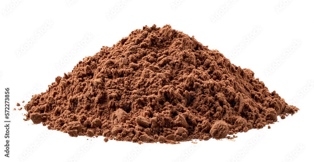 Pile of chocolate cocoa powder isolated on white background