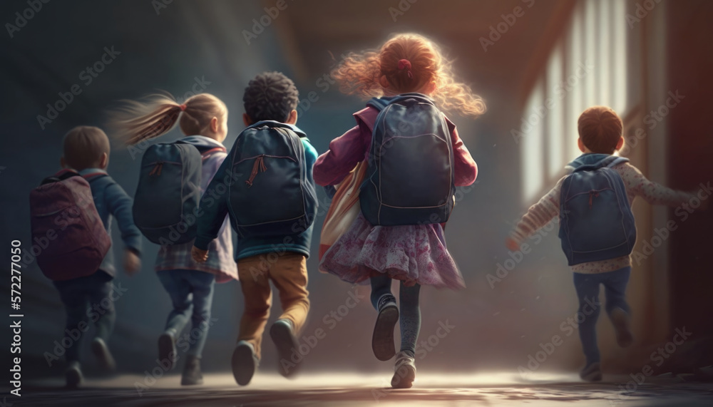 A group of schoolchildren with backpacks runs to school. Generative AI