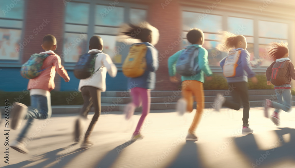 A group of schoolchildren with backpacks runs to school. Generative AI