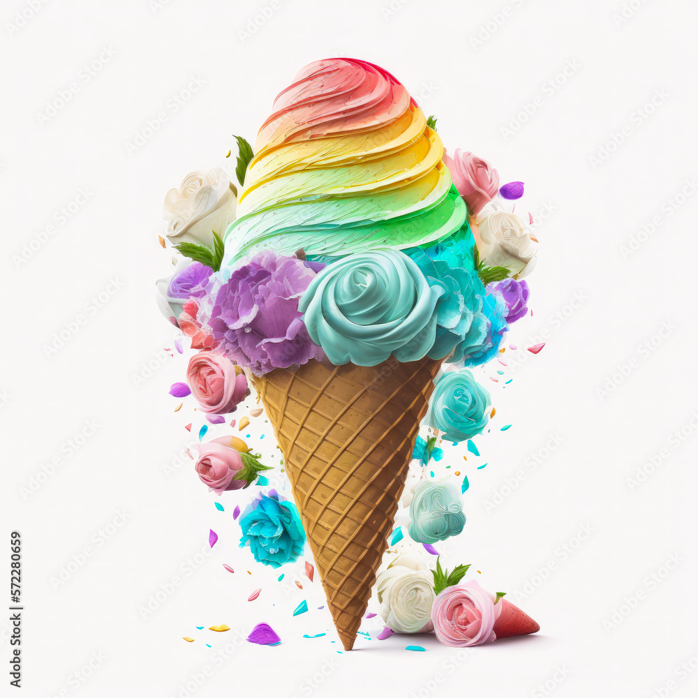 An ice cream cone with rainbow sprinkles and flowers. Generative AI.