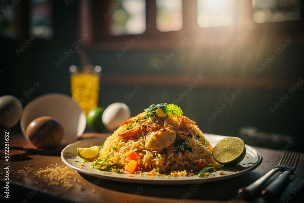 Plate of rice and vegetables on table. Generative AI.