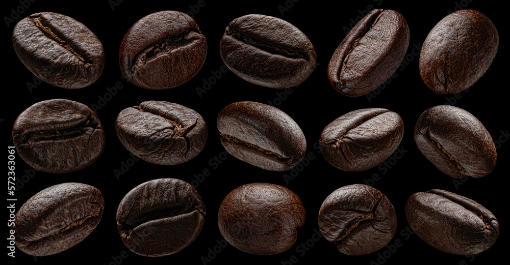 Falling coffee beans isolated on black background