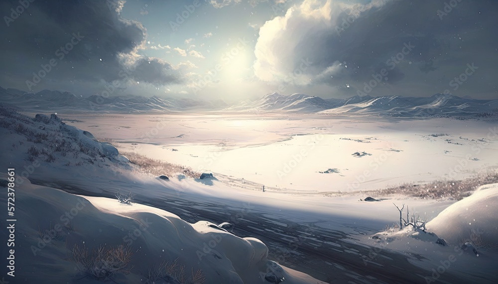 Snow-covered winter landscape depicting a vast plain or valley, with mountains visible in the distan