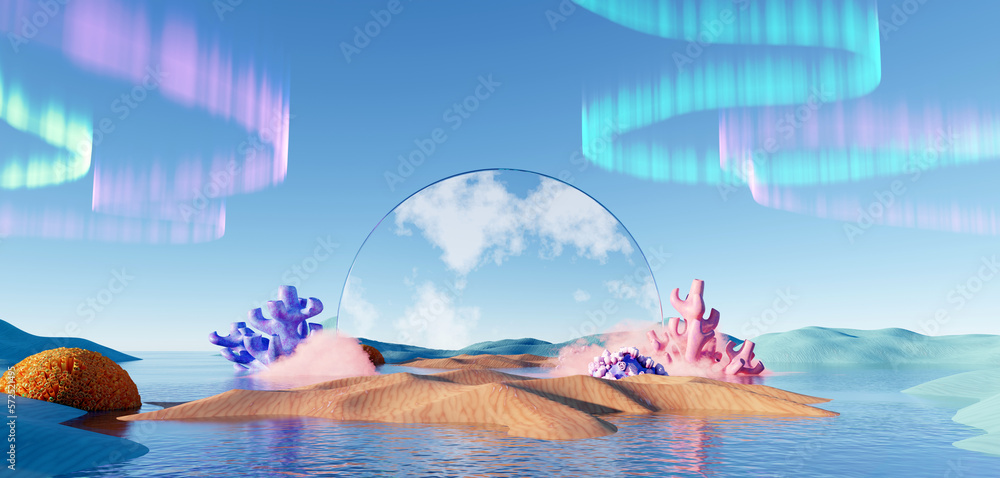 3d render Surreal pastel landscape background with geometric shapes, abstract fantastic desert dune 