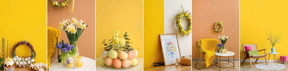 Set of stylish Easter decorations near color walls in room interiors