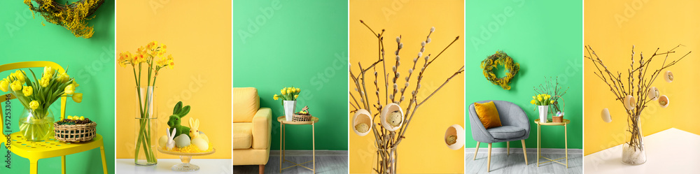 Collage of stylish Easter decorations near color walls in room interiors