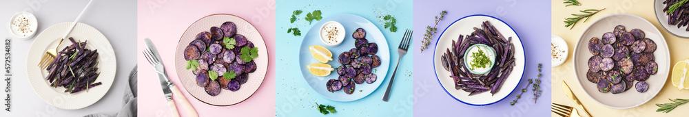 Collage of plates with slices of fried purple potatoes with sauce and herbs on color background, top