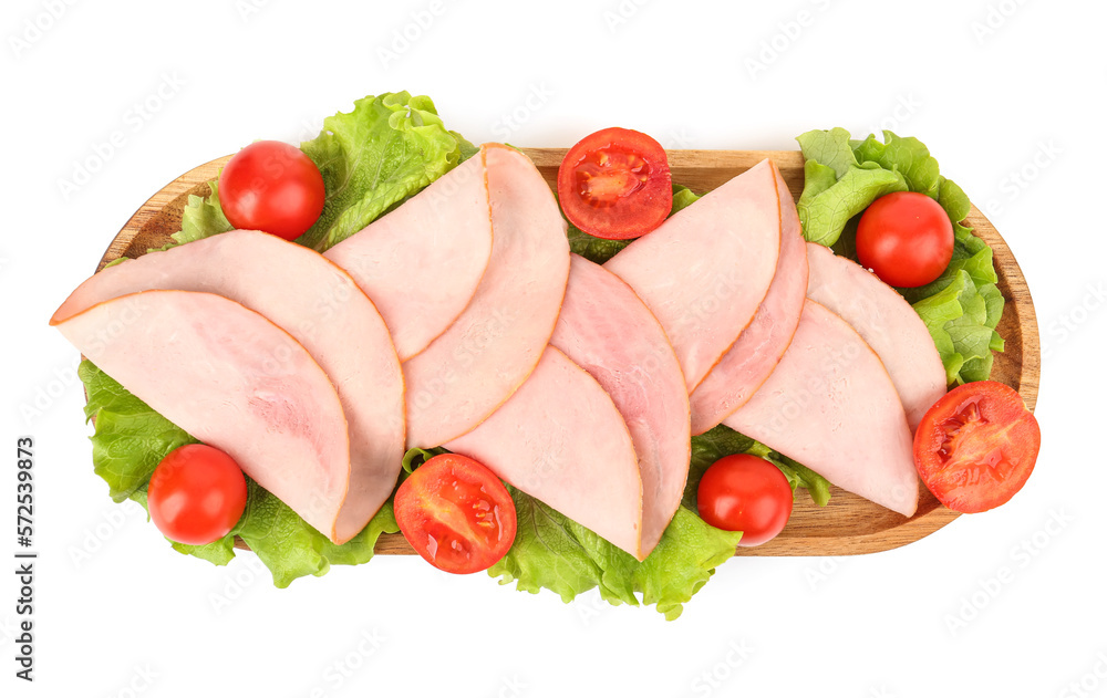 Board with tasty slices of ham, tomatoes and lettuce isolated on white background