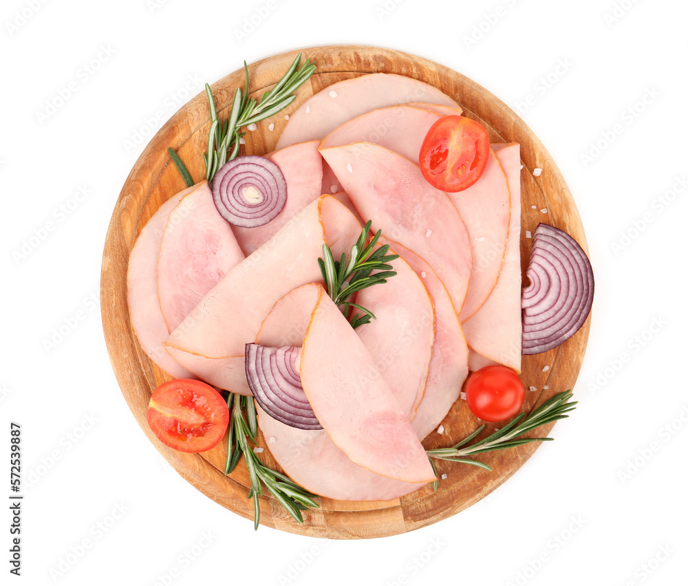 Board with tasty slices of ham, tomatoes, onions and rosemary isolated on white background