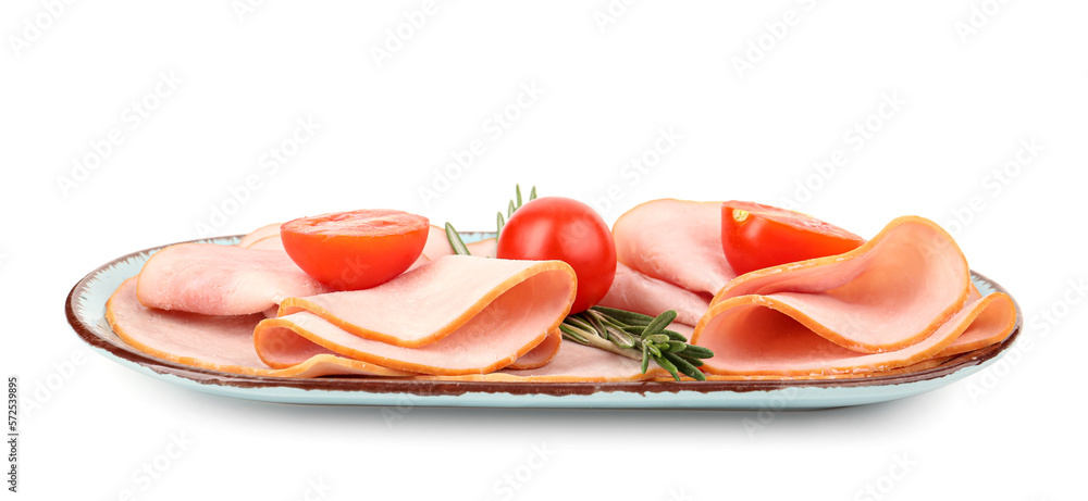 Plate with tasty slices of ham, tomatoes and rosemary isolated on white background