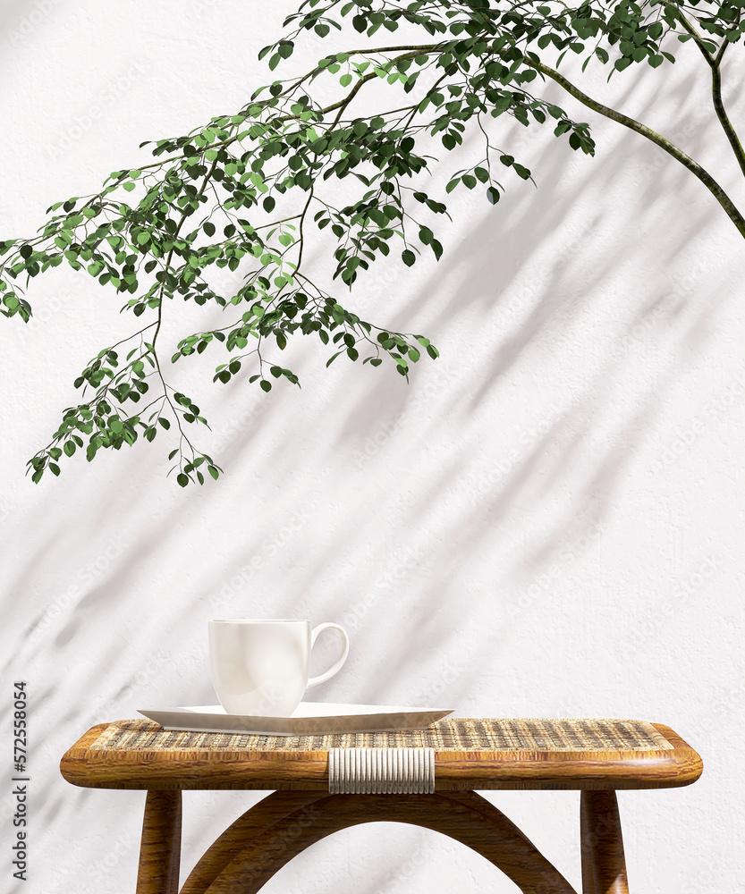 Wooden table with rattan top, white coffee cup with tray, tropical tree in sunlight, leaf shadow on 