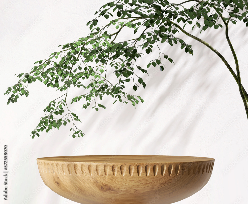 Wooden round smooth grain podium table, curved, tropical tree in sunlight, leaf shadow on concrete t