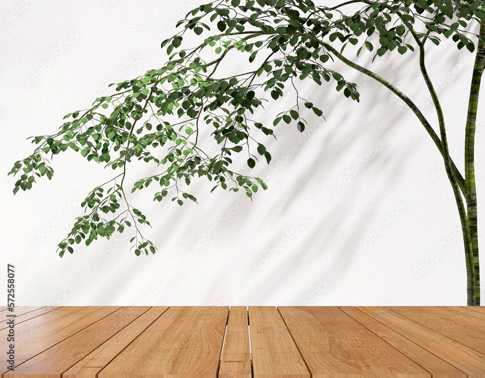 Empty wooden counter countertop with tropical tree in dappled sunlight, leaf shadow on white wall fo