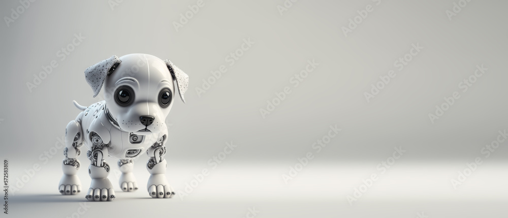 Cute robotic puppy isolated on large empty background. White happy little dog robot. Futuristic pet 